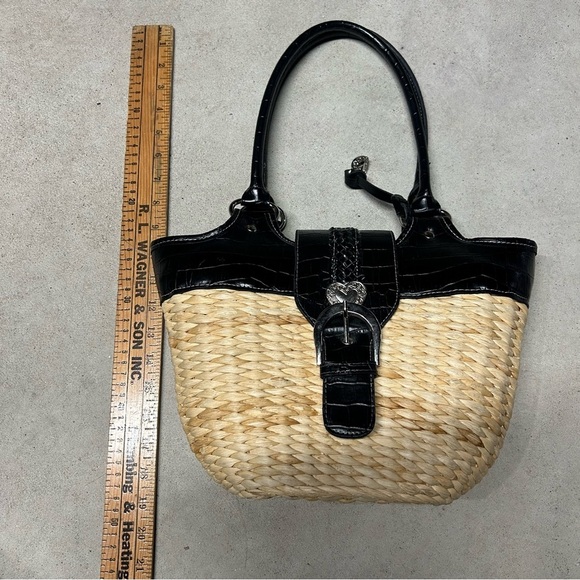 Tan & Black Straw Woven Buckle Handbag Tote Basket Black Reptile Faux Leather - Picture 8 of 9